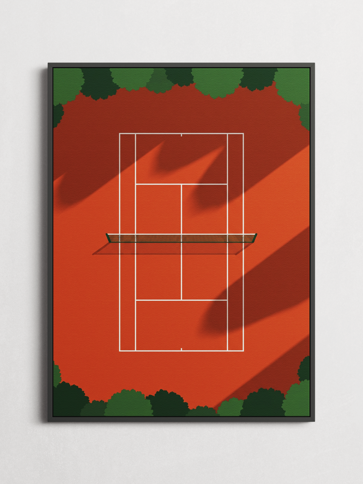 New Arrivals collection – aerial tennis court art print framed on a wall