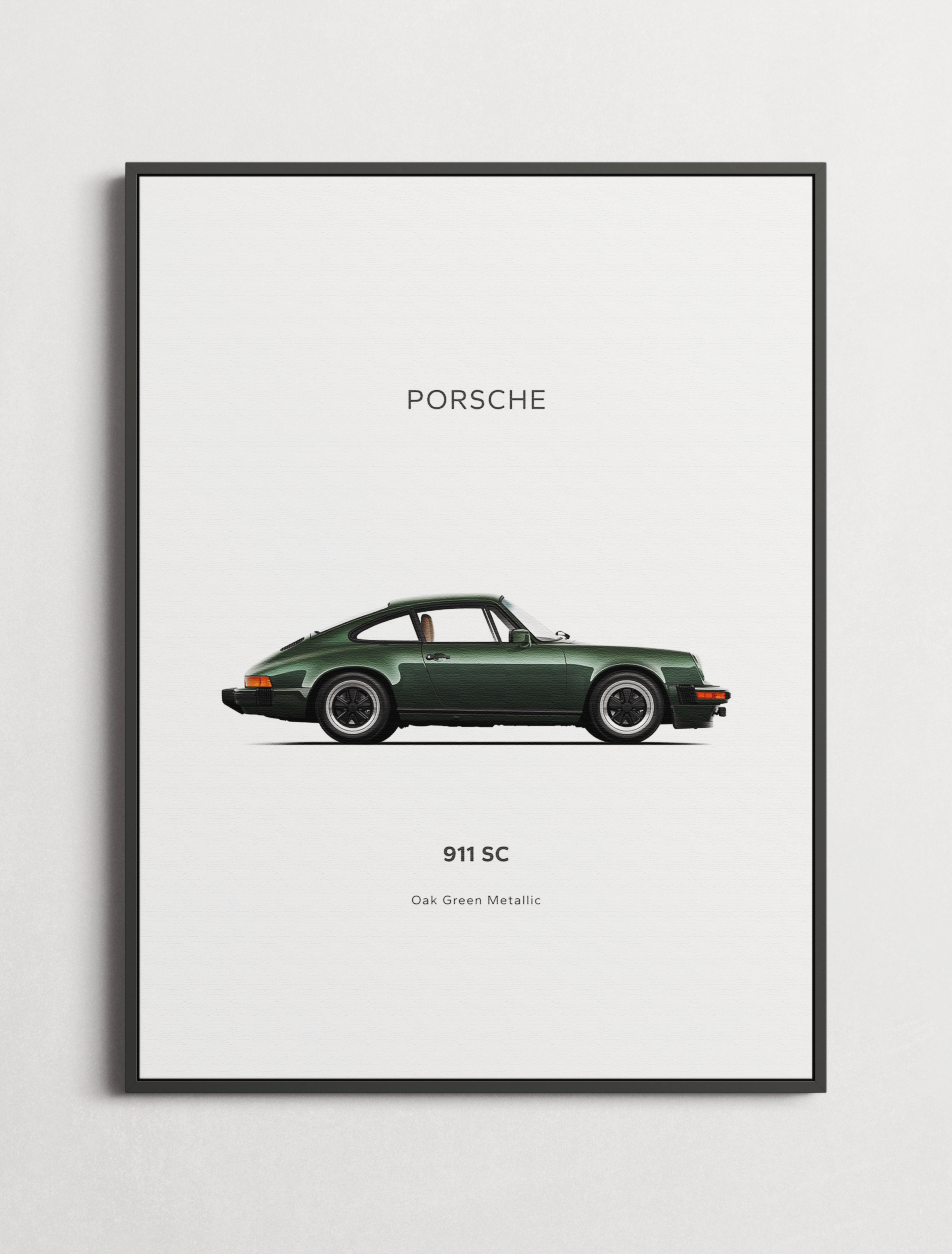 Framed Porsche 911 SC car art print in oak green metallic, minimalist wall poster