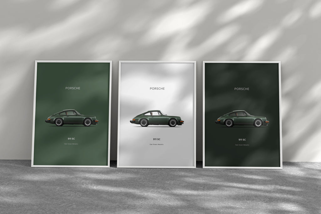 Three Porsche 911 SC car posters shown with light green, white and dark green backgrounds