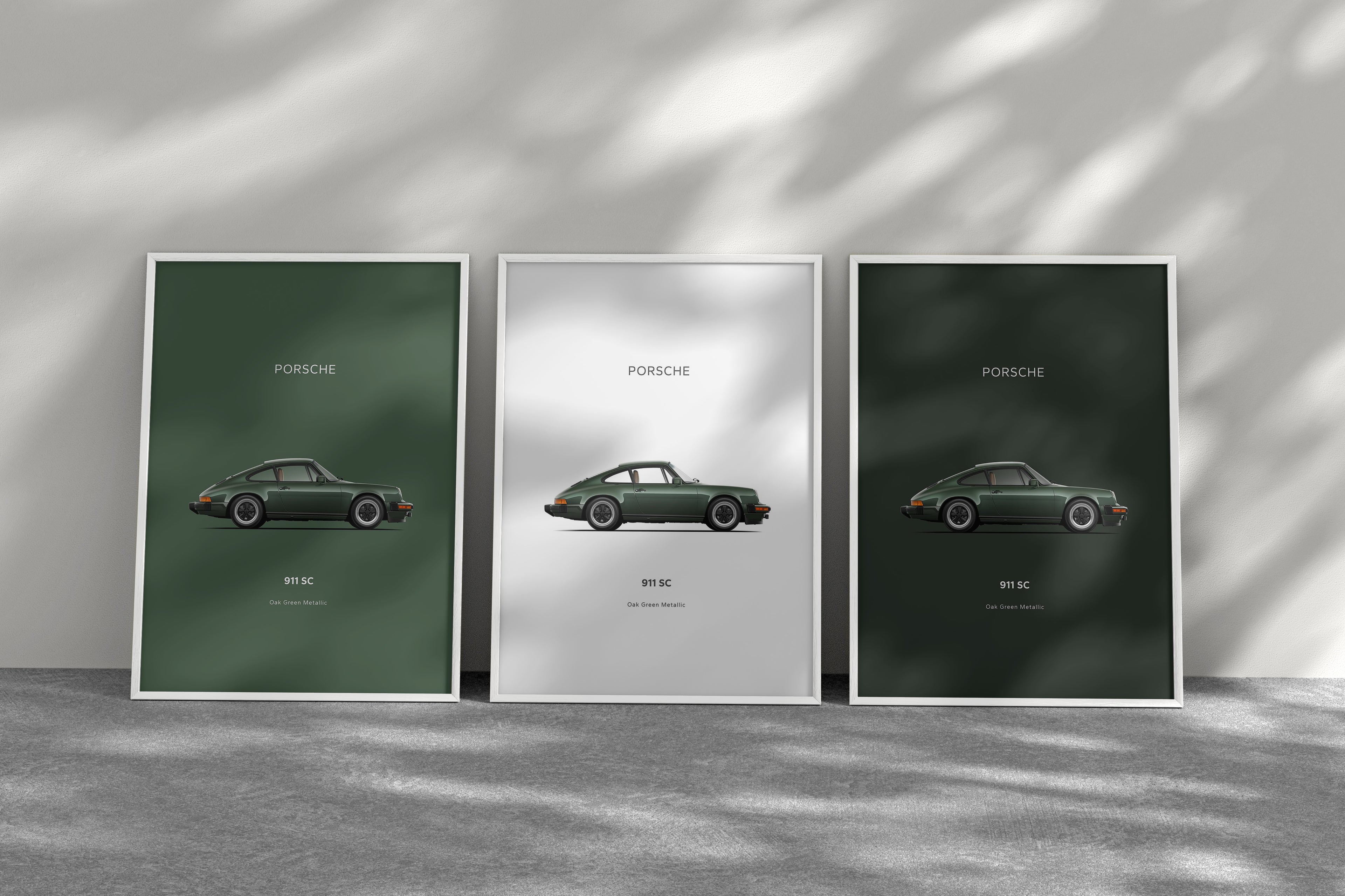 Three Porsche 911 SC car posters shown with light green, white and dark green backgrounds