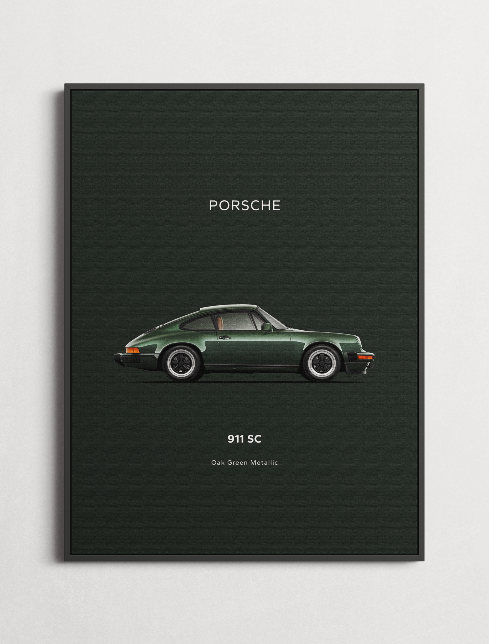 Minimalist Porsche 911 SC poster in oak green metallic on a green background