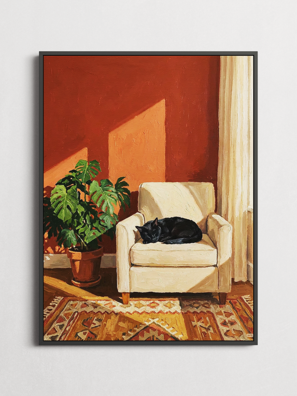 Afternoon Sun – Black Cat Interior Poster – framed on a wall