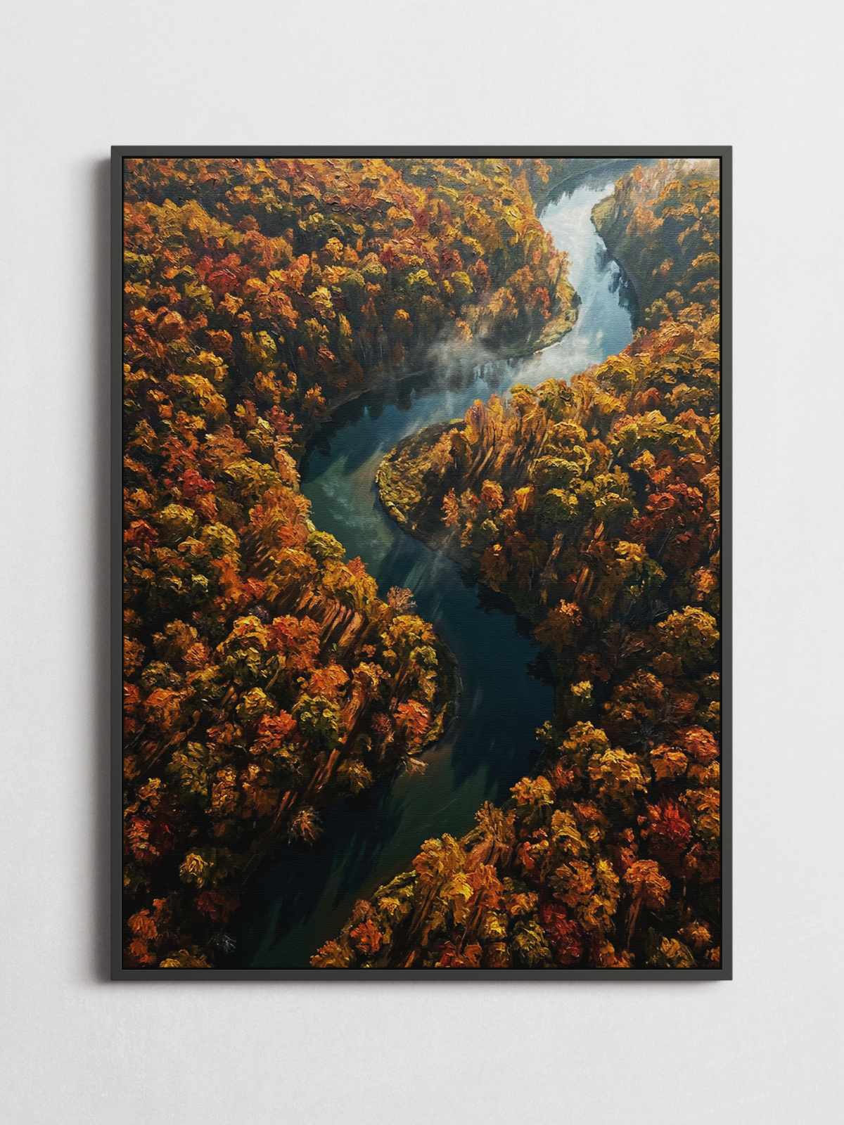 Autumn River aerial forest poster framed on a wall