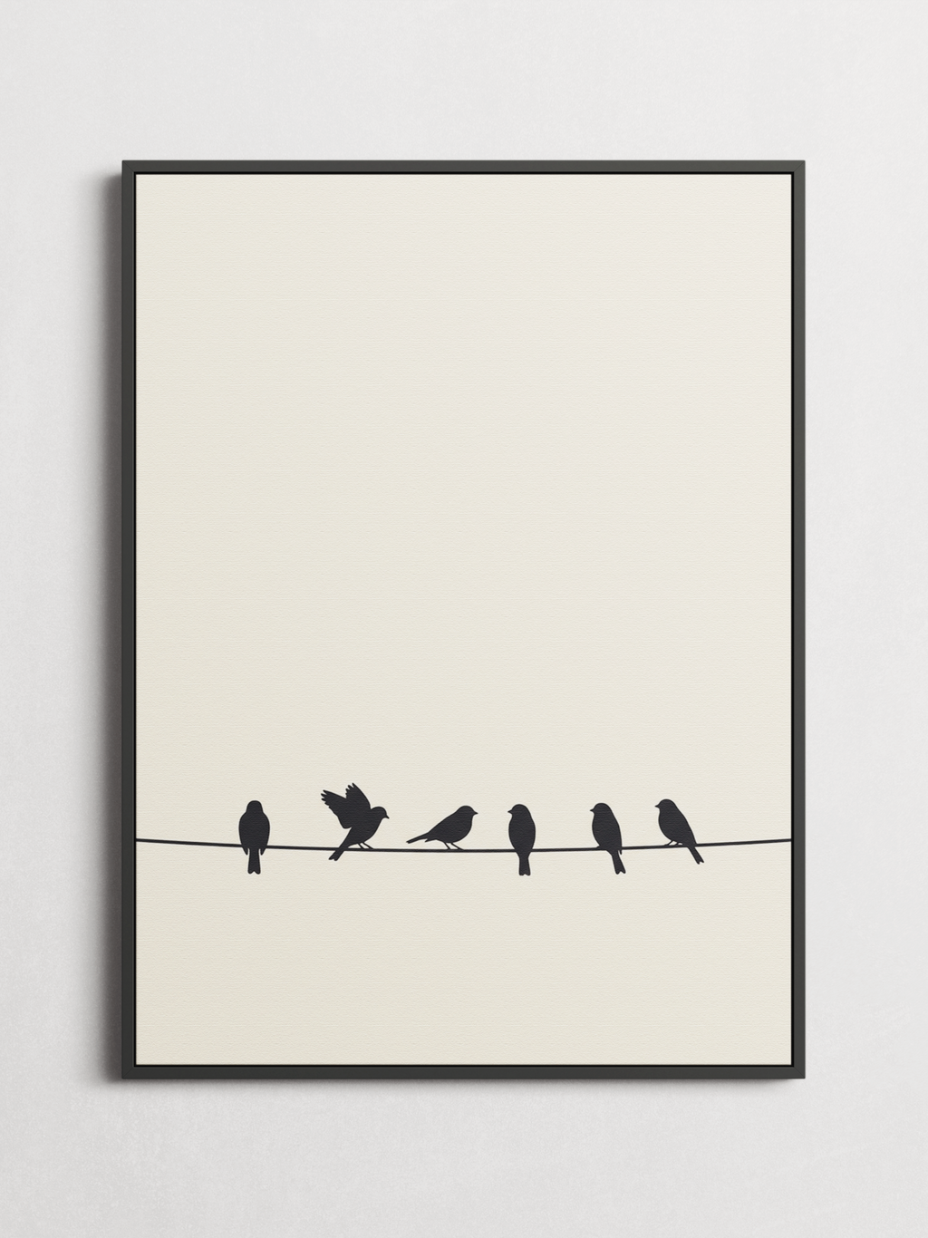 Birds on a Wire minimalist poster framed on a wall