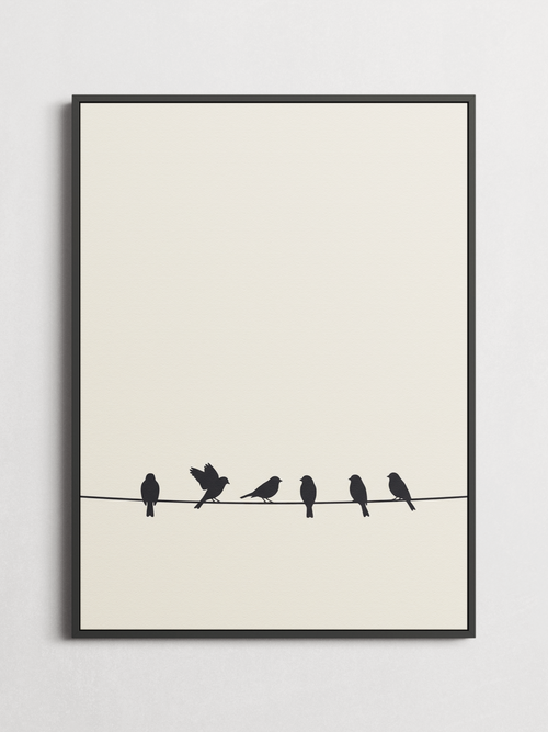 Birds on a Wire minimalist poster framed on a wall
