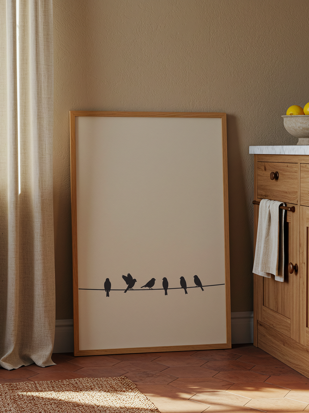 Birds on a Wire – minimalist poster of six black bird silhouettes on a thin wire against a cream sky