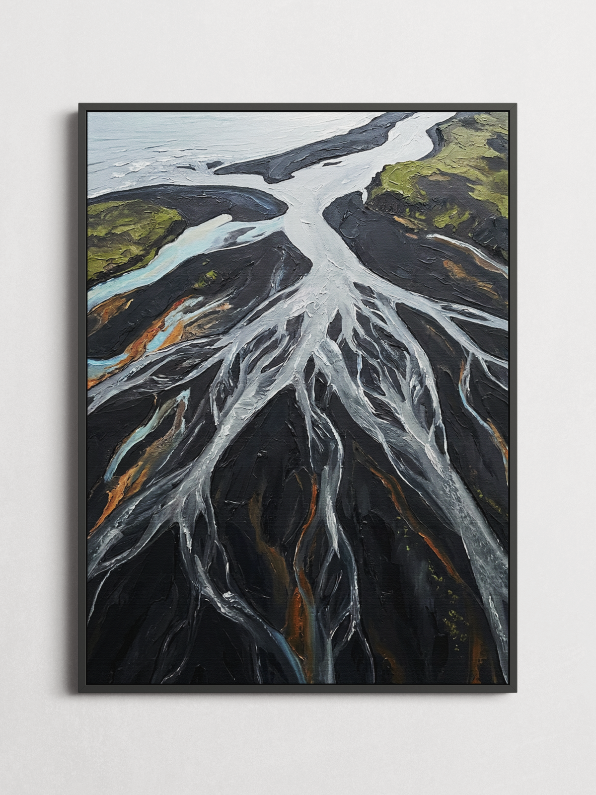 Black Sand Delta aerial Iceland poster framed on a wall