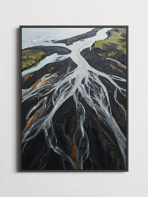 Black Sand Delta aerial Iceland poster framed on a wall