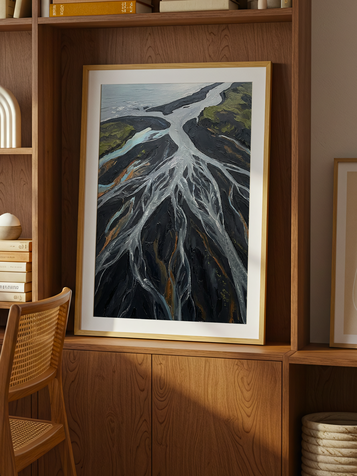 Black Sand Delta – aerial poster of a silver glacial river branching across black volcanic sand
