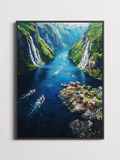 Blue Fjord – Aerial Norway Poster – framed on a wall