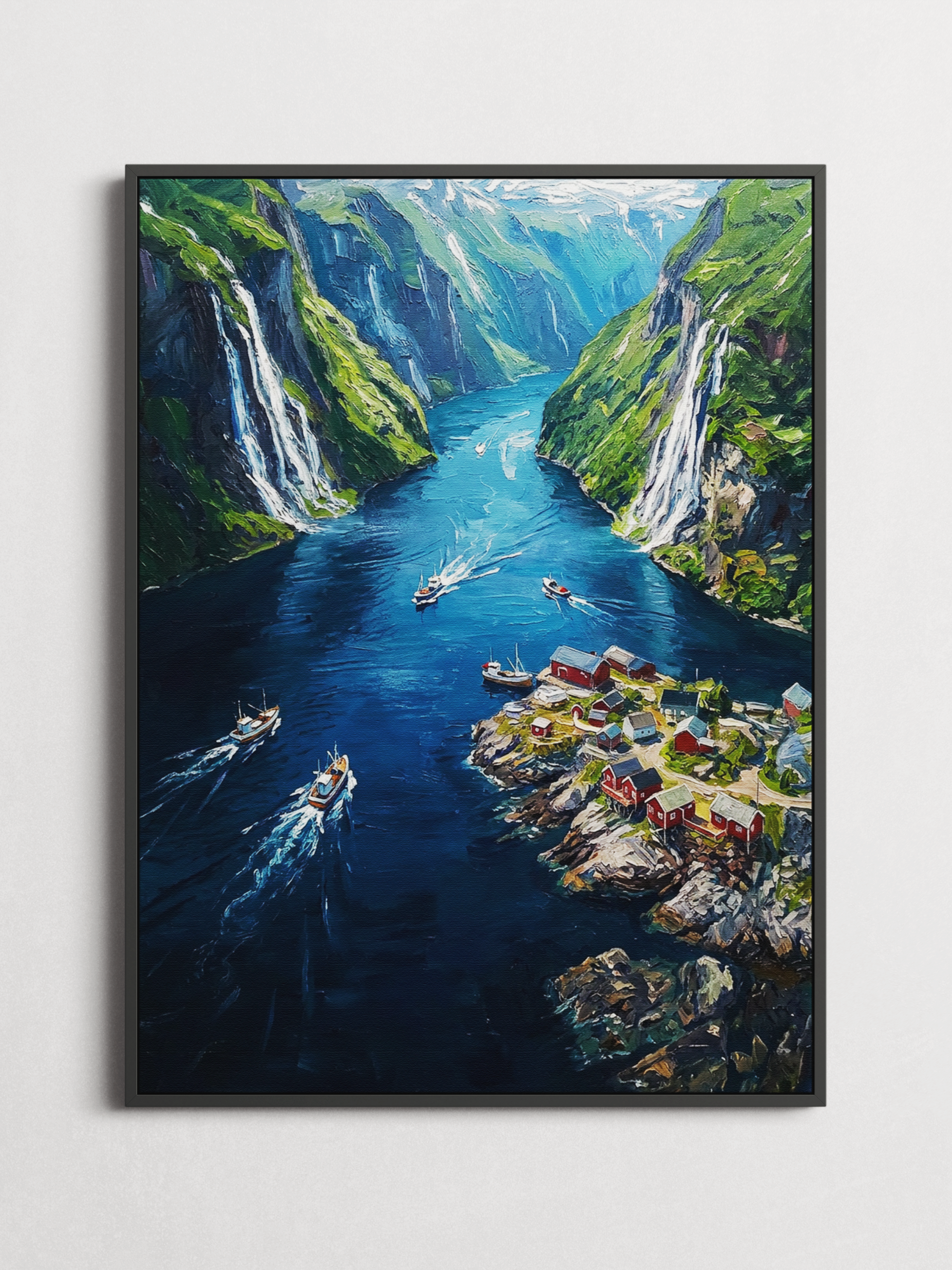 Blue Fjord – Aerial Norway Poster – framed on a wall
