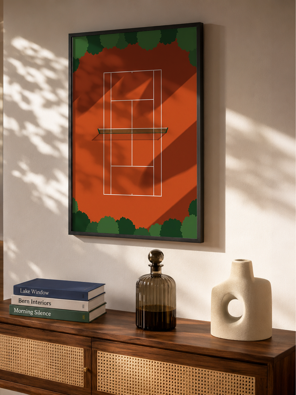 Clay Court – aerial poster of a terracotta clay tennis court with long shadows and green treetops