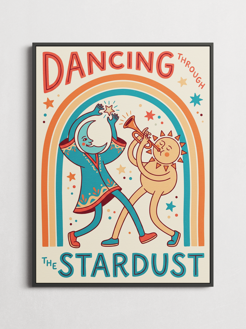Dancing Through the Stardust retro illustration poster framed on a wall
