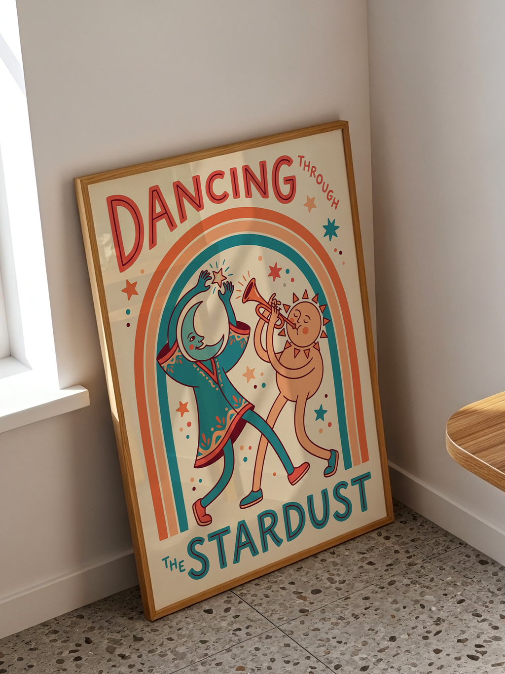 Dancing Through the Stardust – retro folk illustration of sun and moon characters dancing under a rainbow