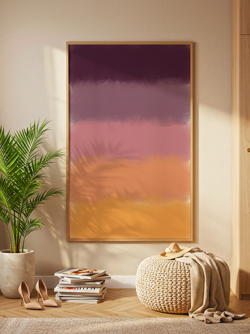 Dusk Field – abstract colour field poster with soft horizontal bands of plum, mauve, rose and amber