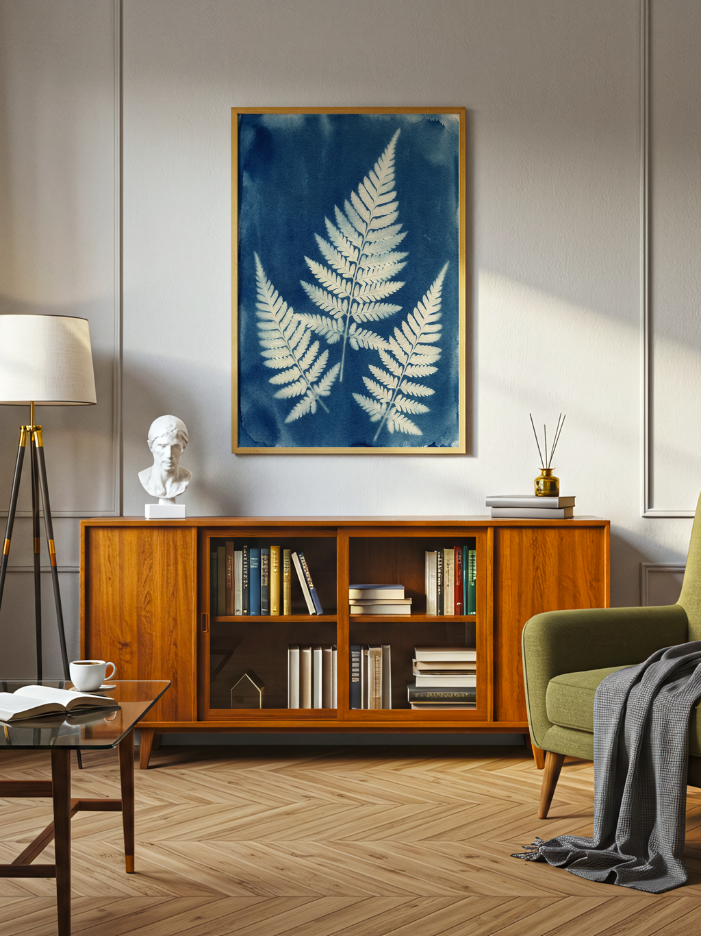 Fern – cyanotype poster of pale ivory fern fronds on deep Prussian blue with soft watercolour texture