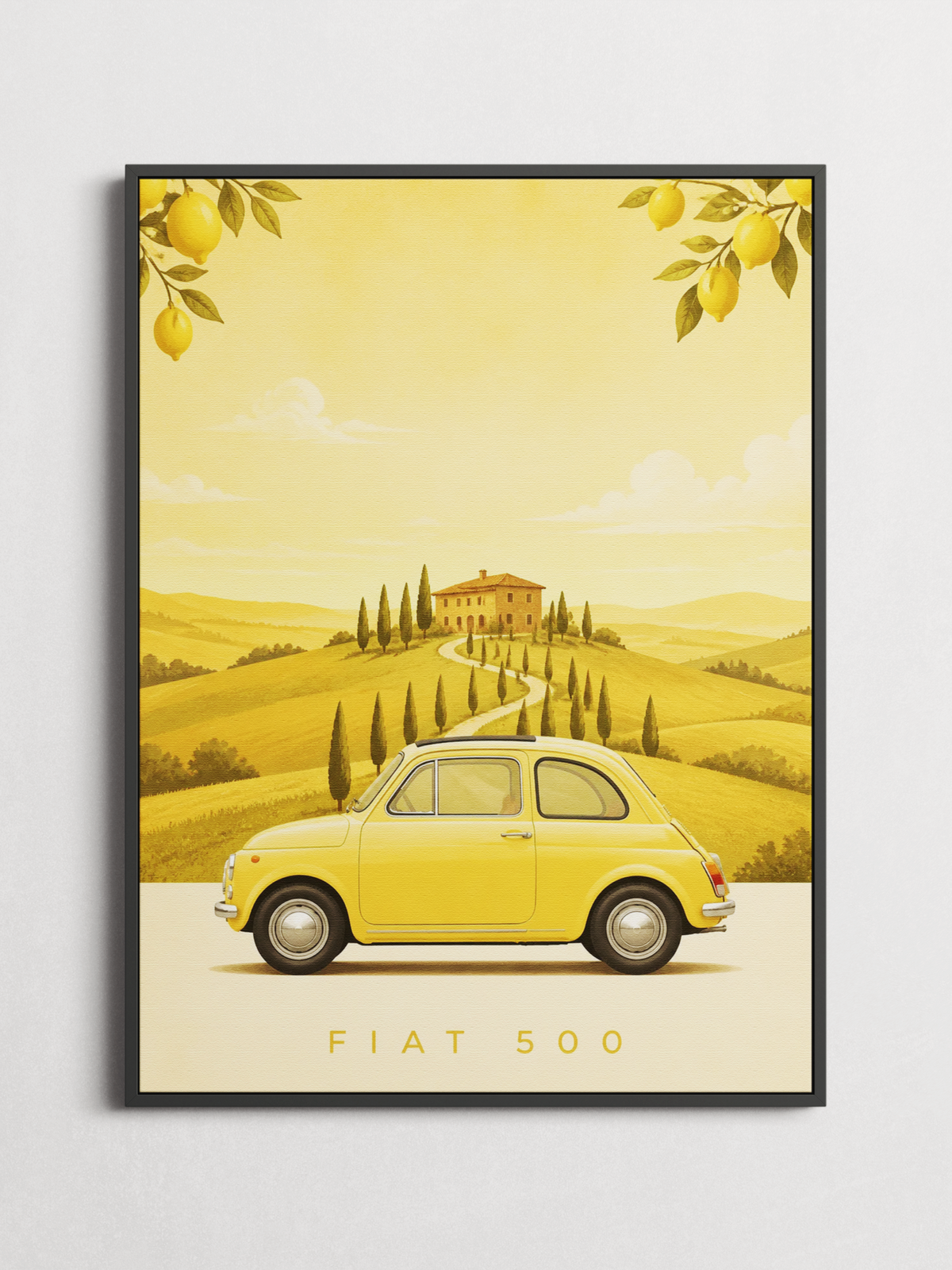 Framed Fiat 500 Tuscany car art print on a white background