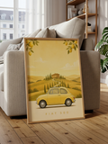 Fiat 500 classic car poster in butter yellow with golden Tuscan hills, cypress trees and a farmhouse