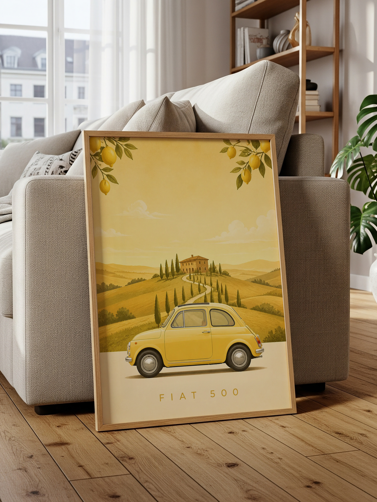 Fiat 500 classic car poster in butter yellow with golden Tuscan hills, cypress trees and a farmhouse