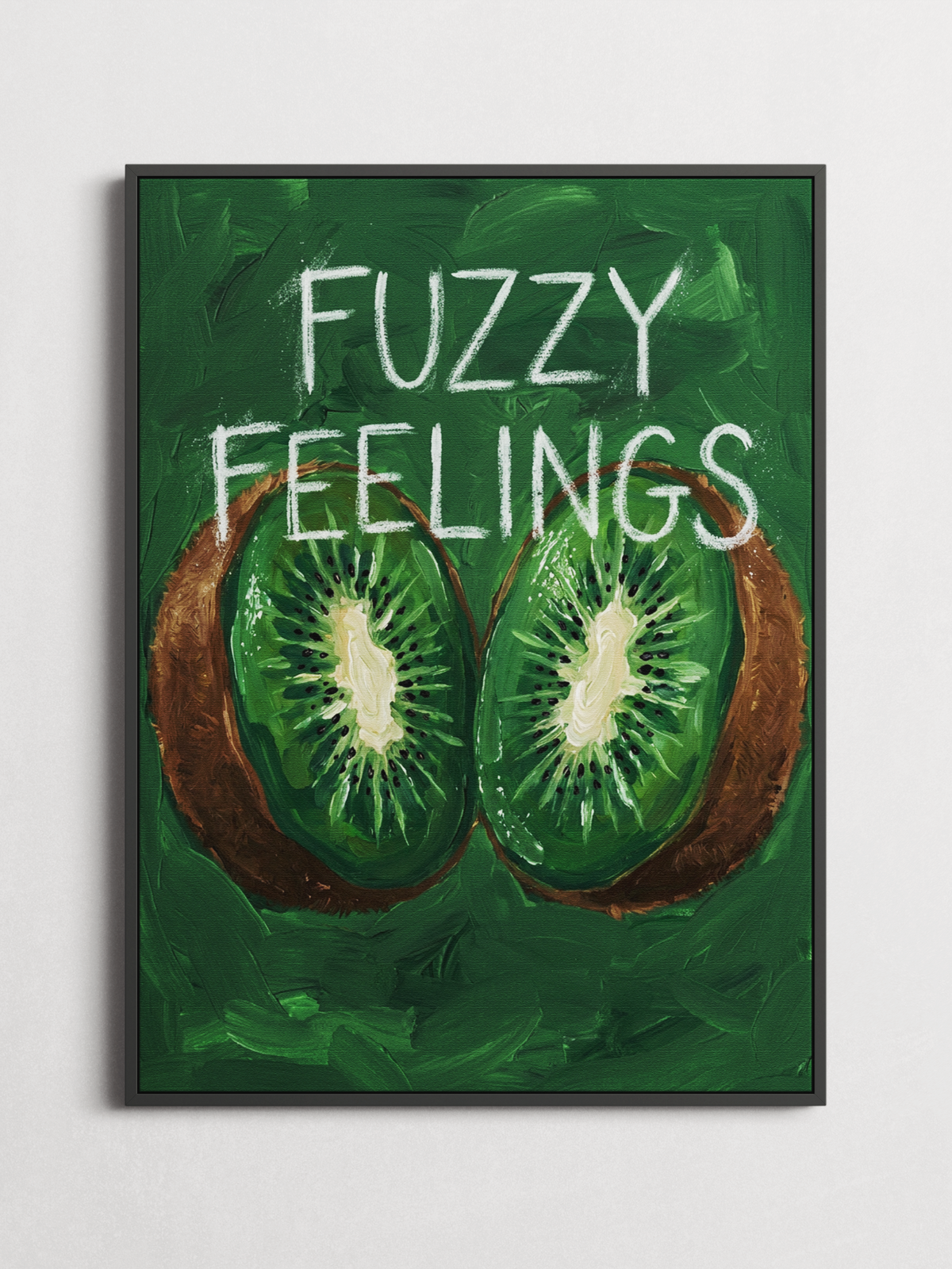 Fuzzy Feelings cheeky kiwi poster framed on a wall