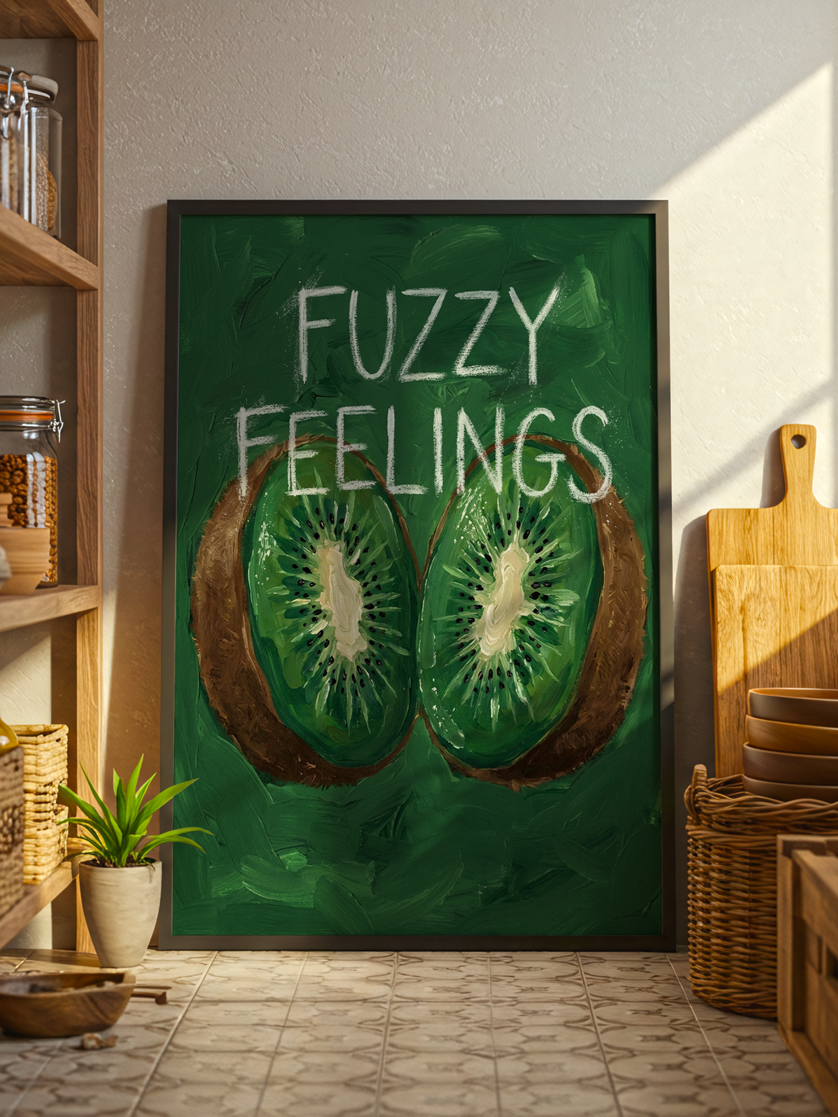 Fuzzy Feelings – painterly poster of two kiwi halves on deep green with white chalk hand-lettering