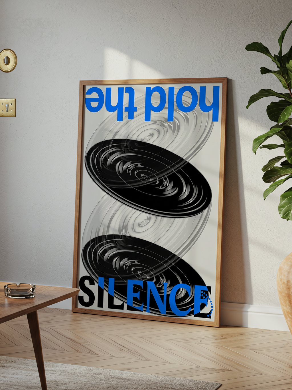 Hold the Silence – brutalist poster with two black ripple discs and flipped blue and black lettering
