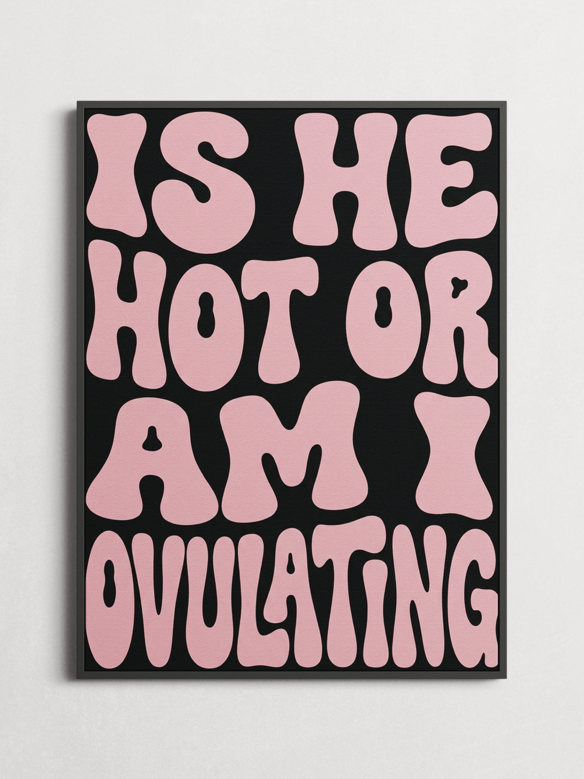 Is He Hot or Am I Ovulating funny typography poster framed on a wall