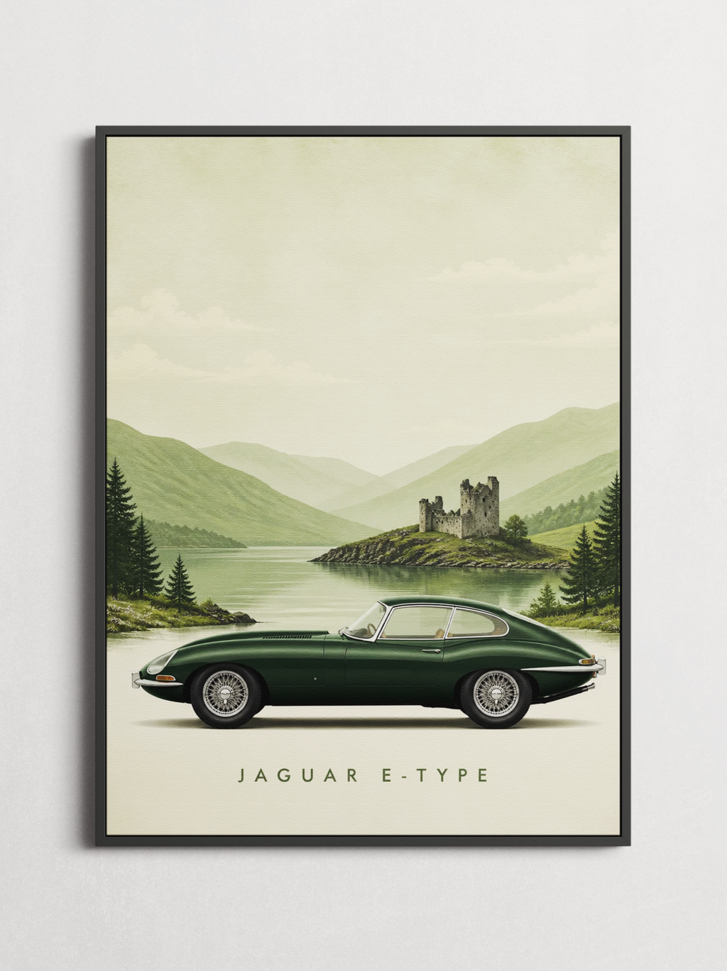 Framed Jaguar E-Type Highlands car art print on a white background