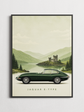 Framed Jaguar E-Type Highlands car art print on a white background