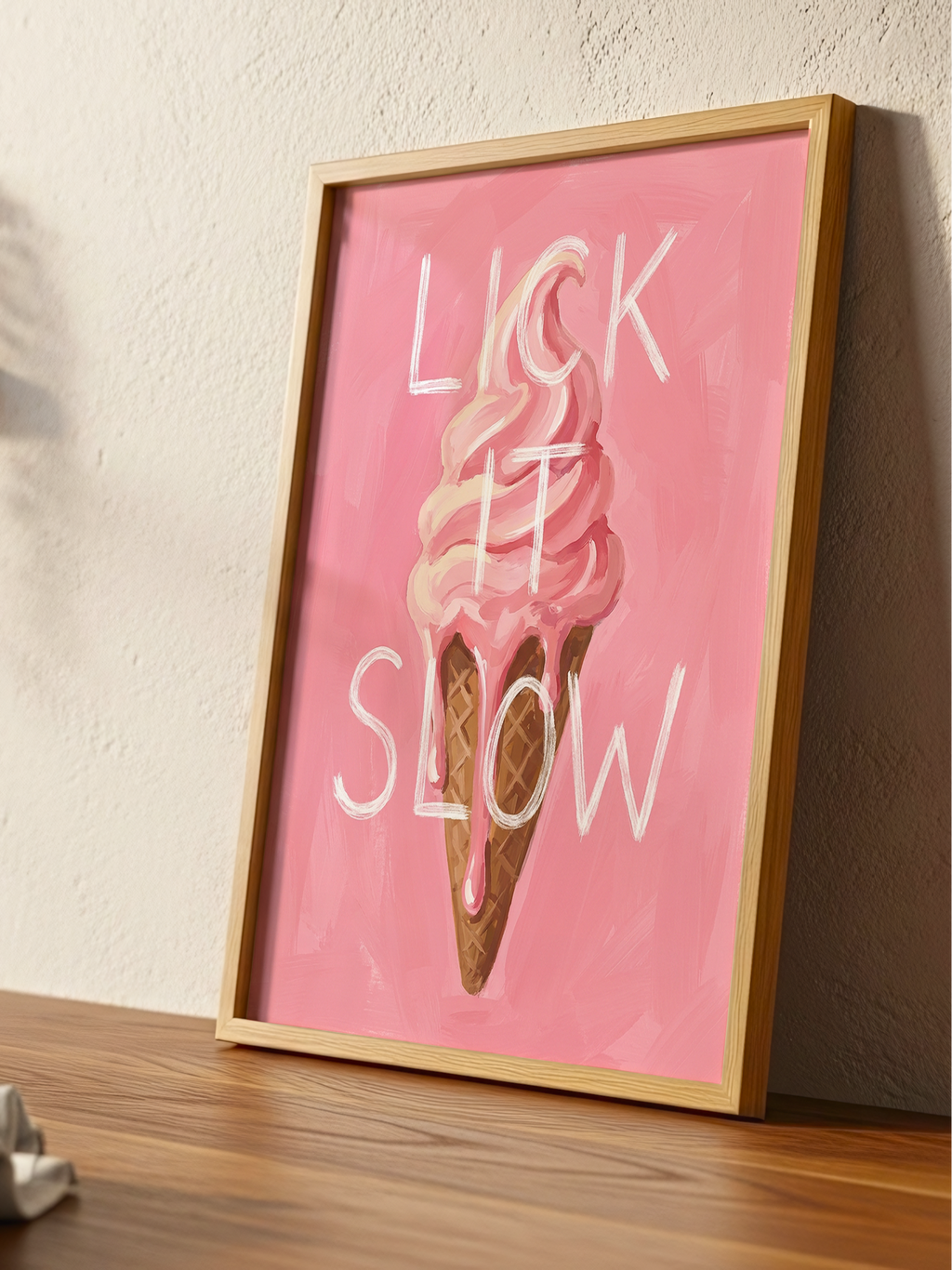 Lick It Slow – painterly pink soft-serve ice cream cone with white chalk hand-lettering
