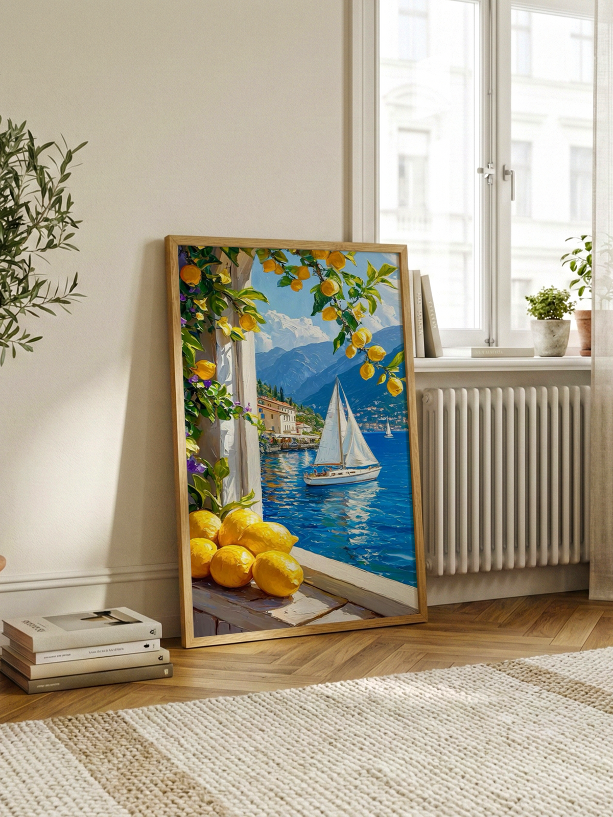 Mediterranean Sailing art print shown framed in a styled interior