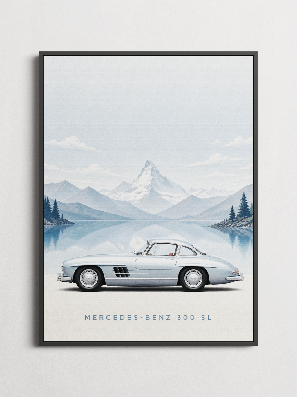 Framed Mercedes-Benz 300 SL Alpine car art print on a white background