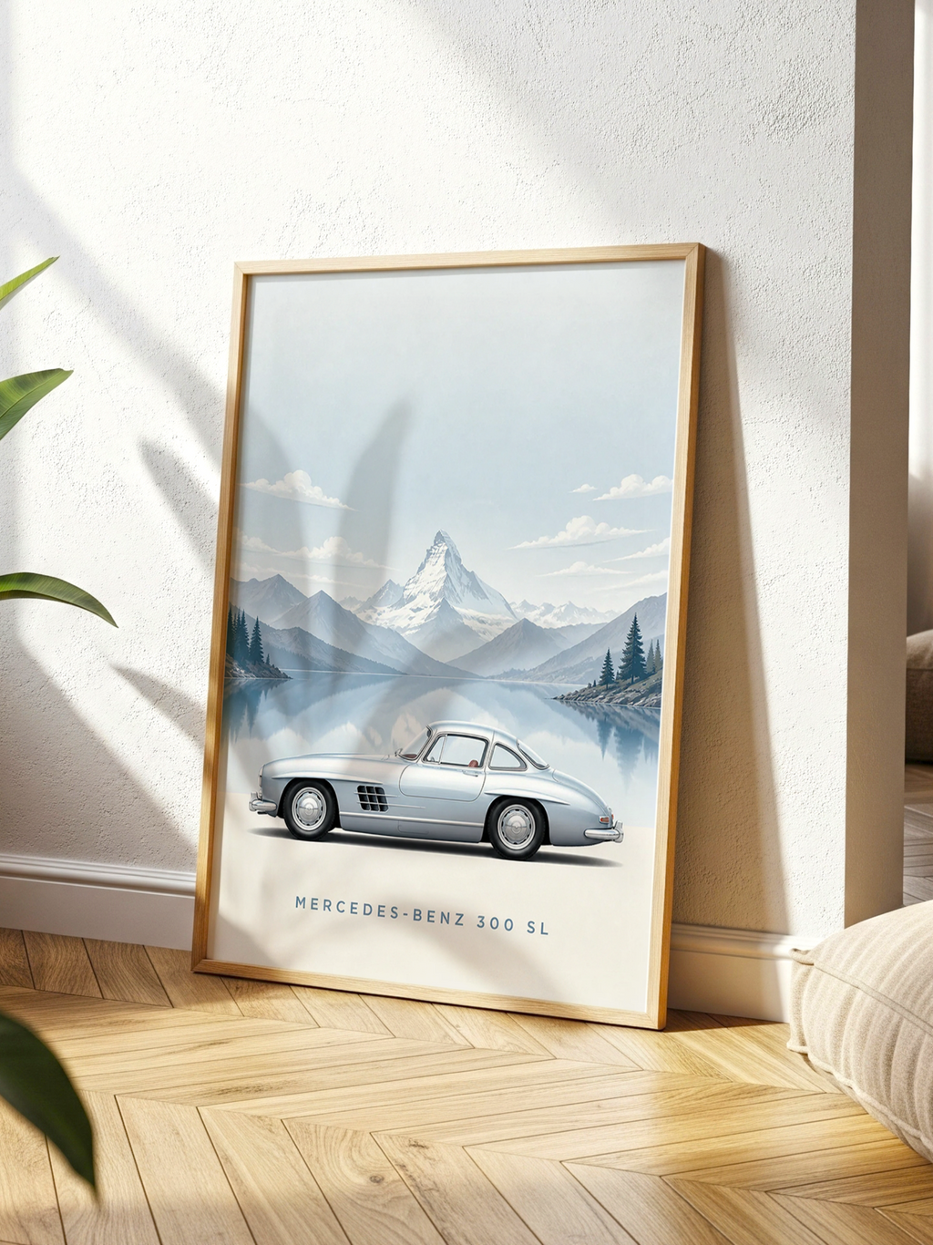 Mercedes-Benz 300 SL Gullwing classic car poster in silver-blue by an alpine lake with a snow-capped peak