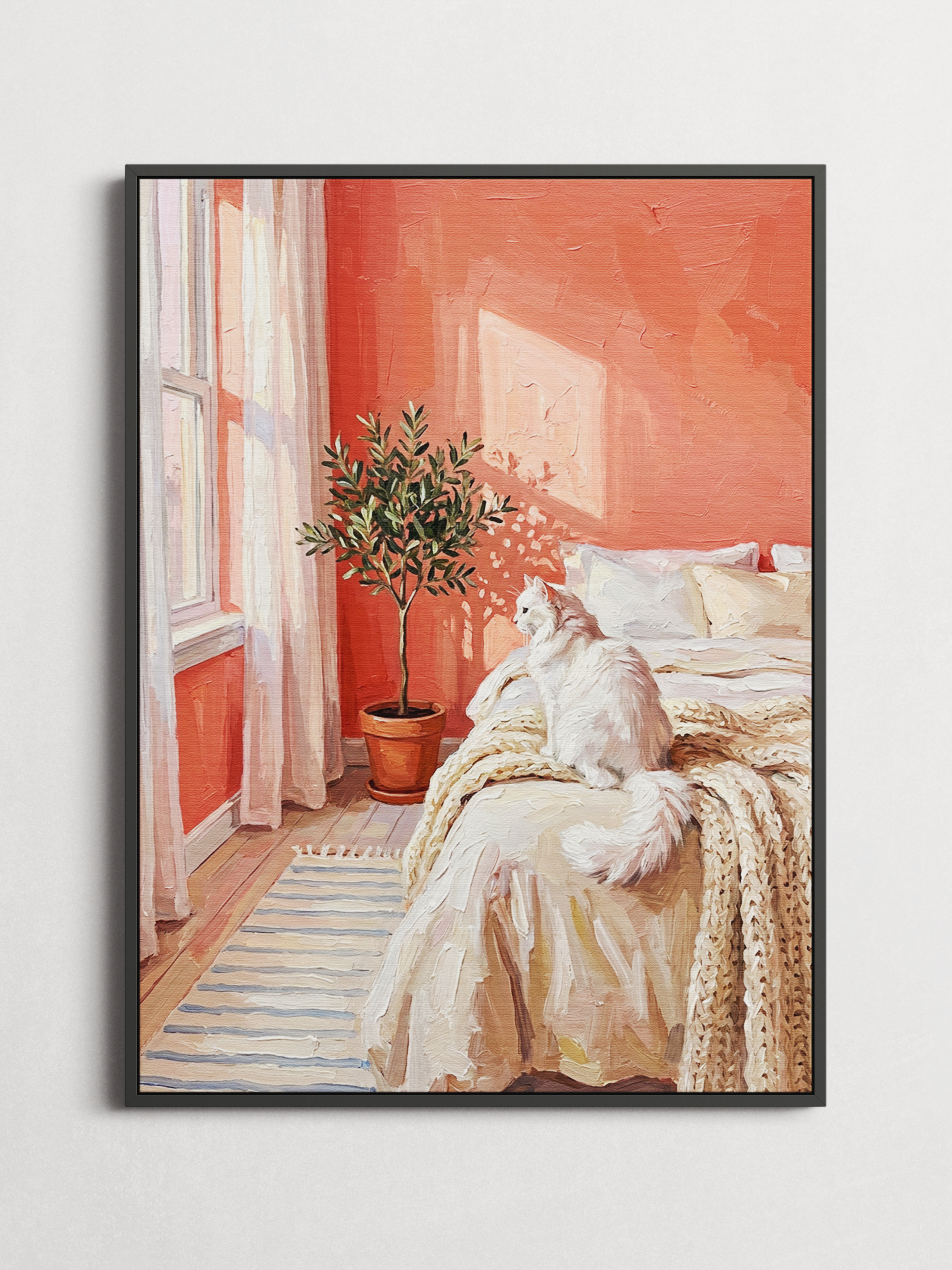 Morning Light – Cozy Cat Interior Poster – framed on a wall