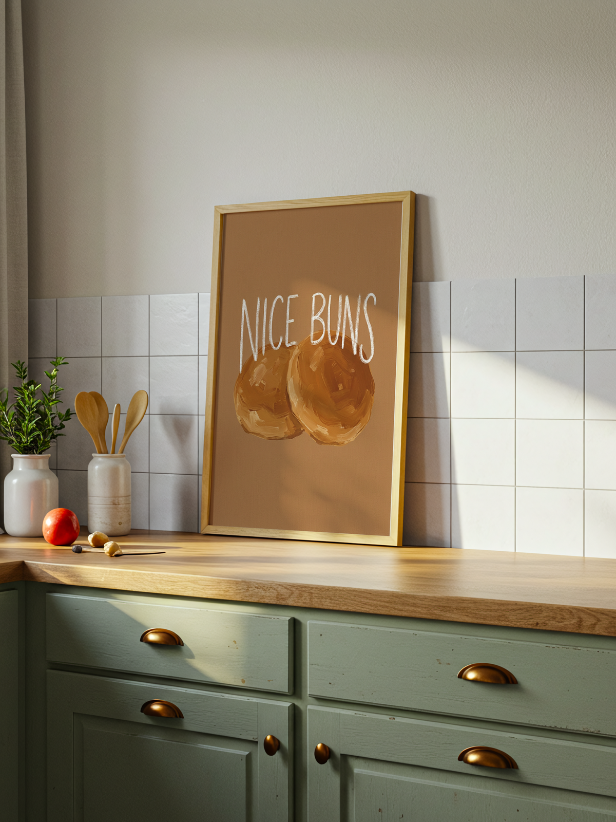 Nice Buns – painterly poster of two golden brioche buns on warm caramel with white chalk hand-lettering