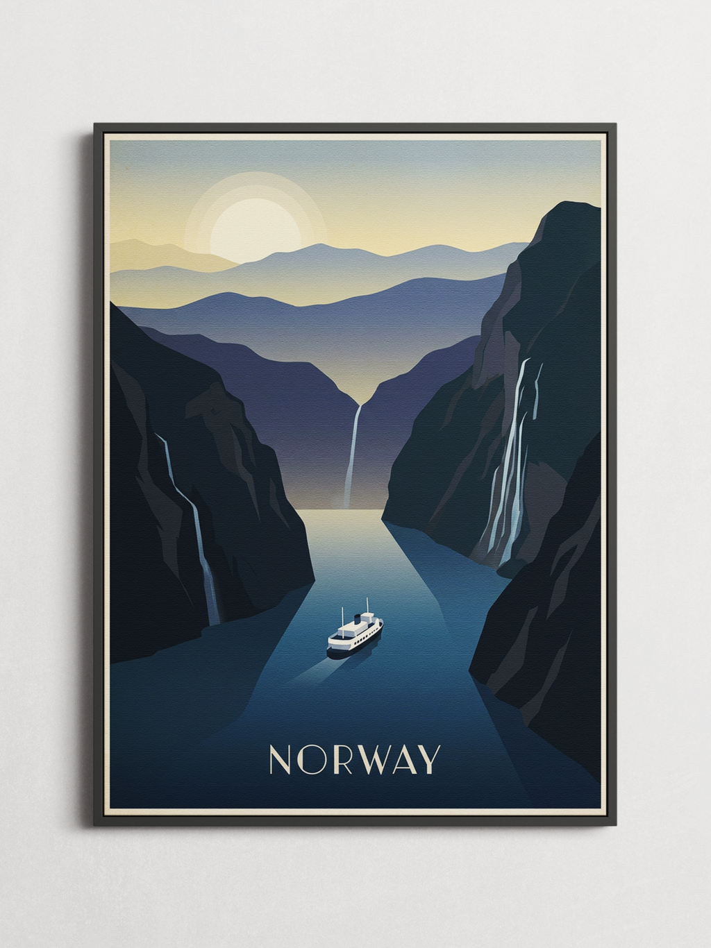 Norway vintage travel poster framed on a wall