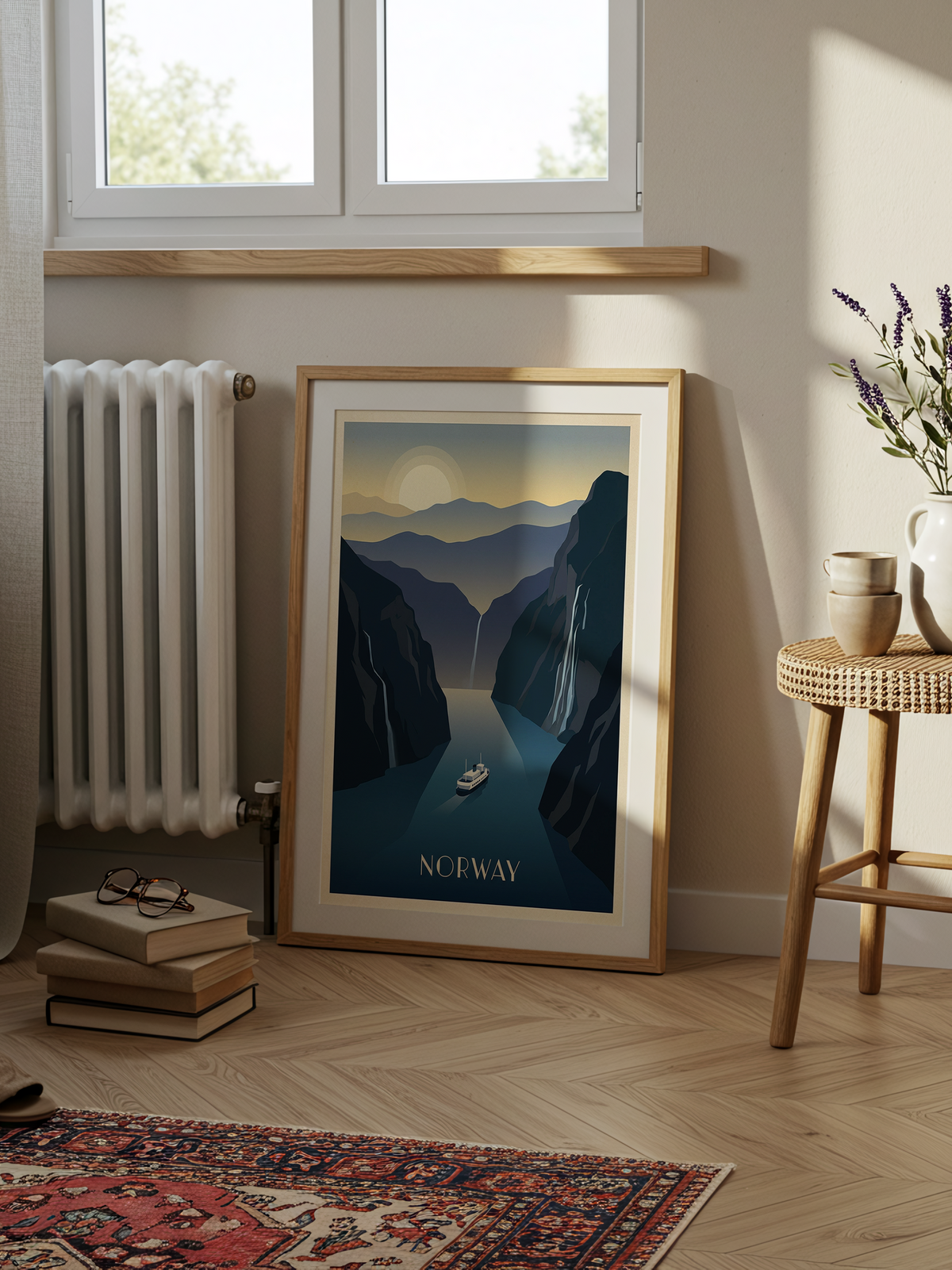 Norway – vintage art deco travel poster of a ferry in a deep blue fjord with waterfalls and a pale sun