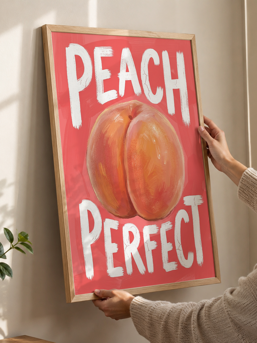 Peach Perfect poster — painterly peach with cheeky white hand-lettered text on a warm pink background