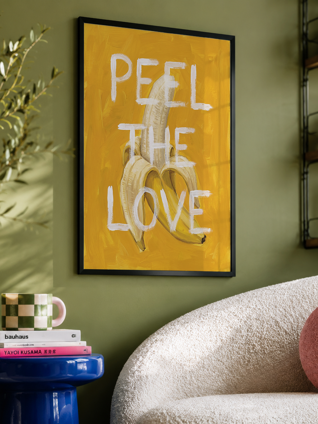 Peel the Love poster — painterly banana with cheeky white hand-lettered text on a warm yellow background
