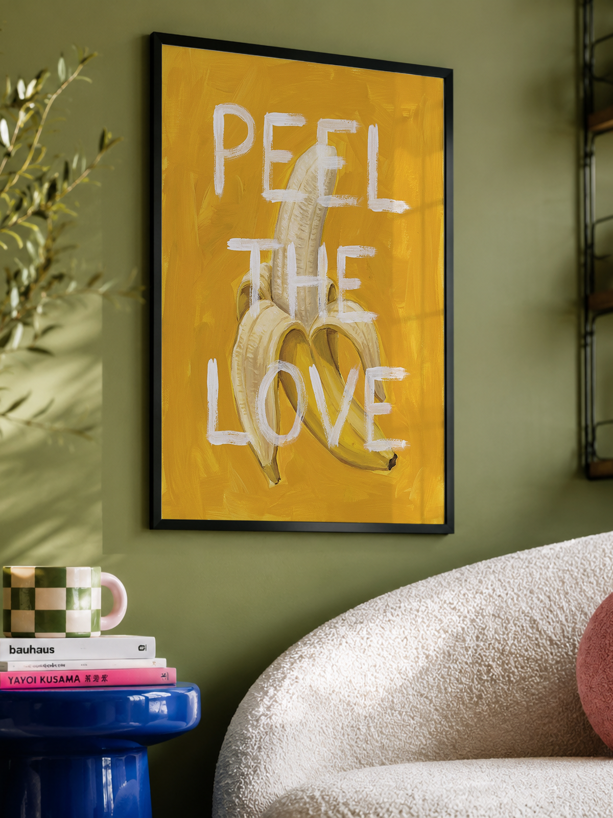 Peel the Love poster — painterly banana with cheeky white hand-lettered text on a warm yellow background