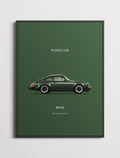 Porsche 911 SC oak green metallic minimalist car poster framed on a white wall