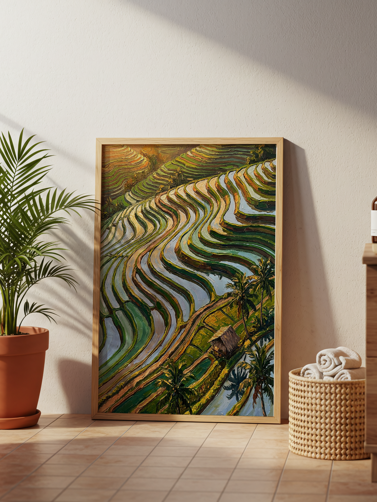 Rice Terraces – painterly aerial view of curving flooded rice paddies in green and gold with palm trees