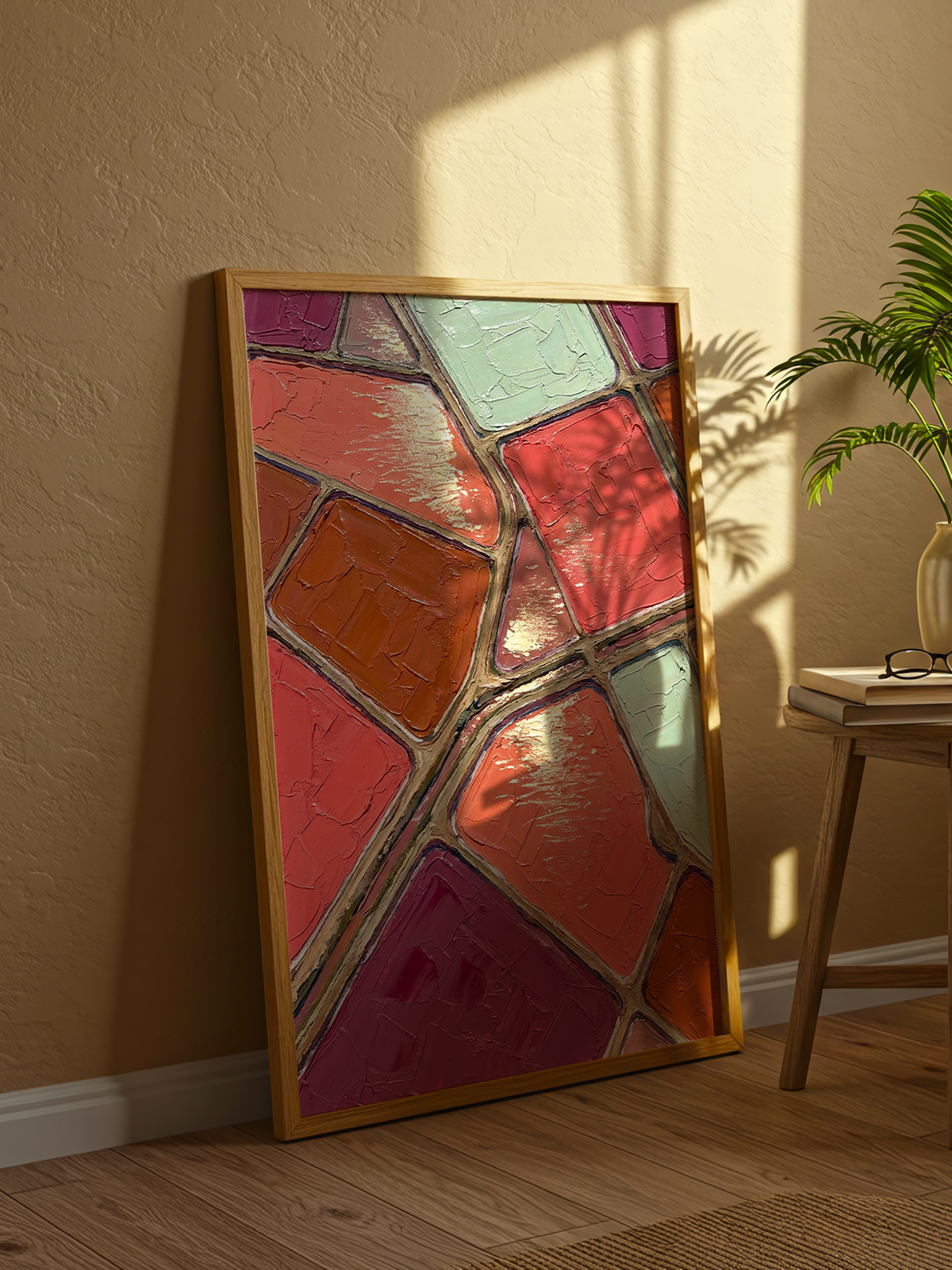 Salt Flats – aerial abstract poster of salt ponds in coral, rust, magenta and mint with thick paint texture