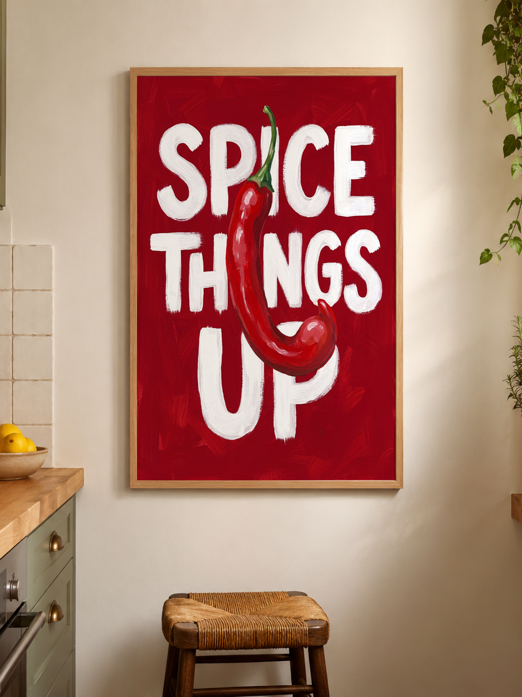 Spice Things Up poster — painterly red chili with cheeky white hand-lettered text on a deep red background