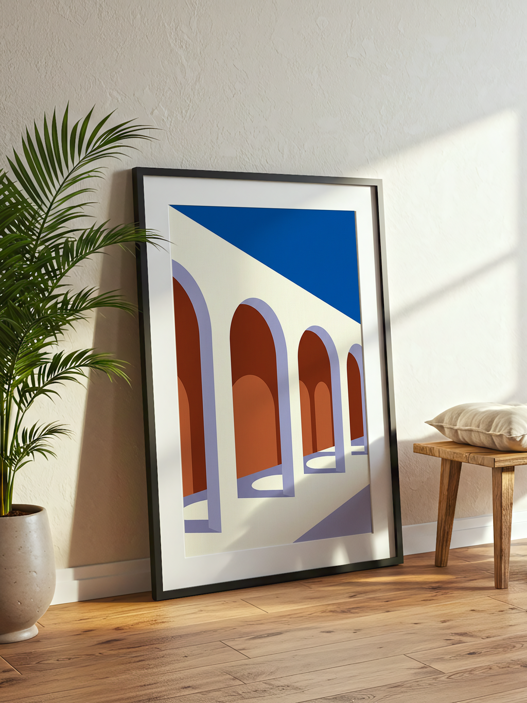 Sunlit Arches – minimalist poster of a row of arches in cream and terracotta with lilac shadows under a cobalt sky