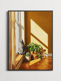 Sunlit Tabby – Cozy Cat Interior Poster – framed on a wall