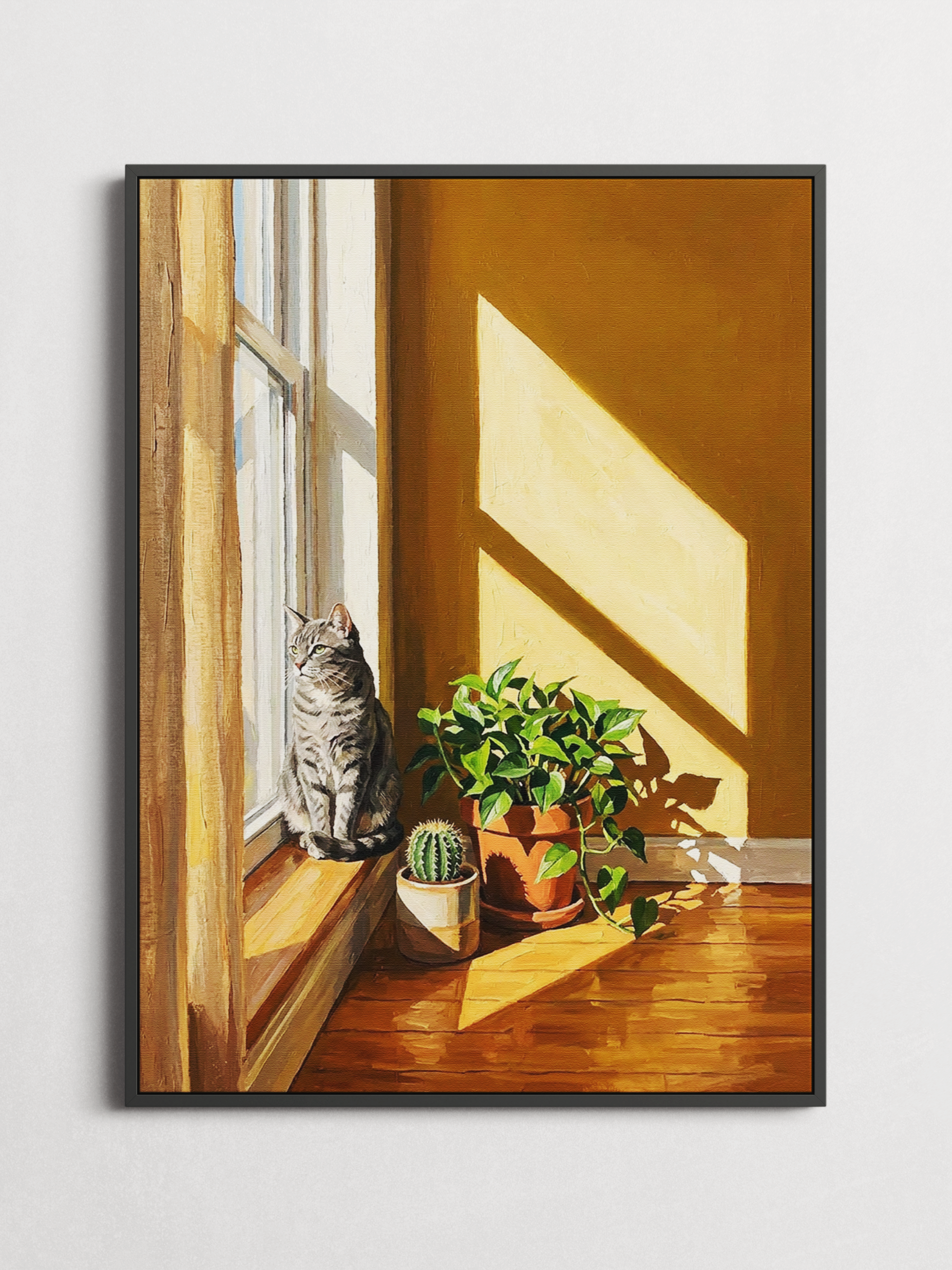 Sunlit Tabby – Cozy Cat Interior Poster – framed on a wall