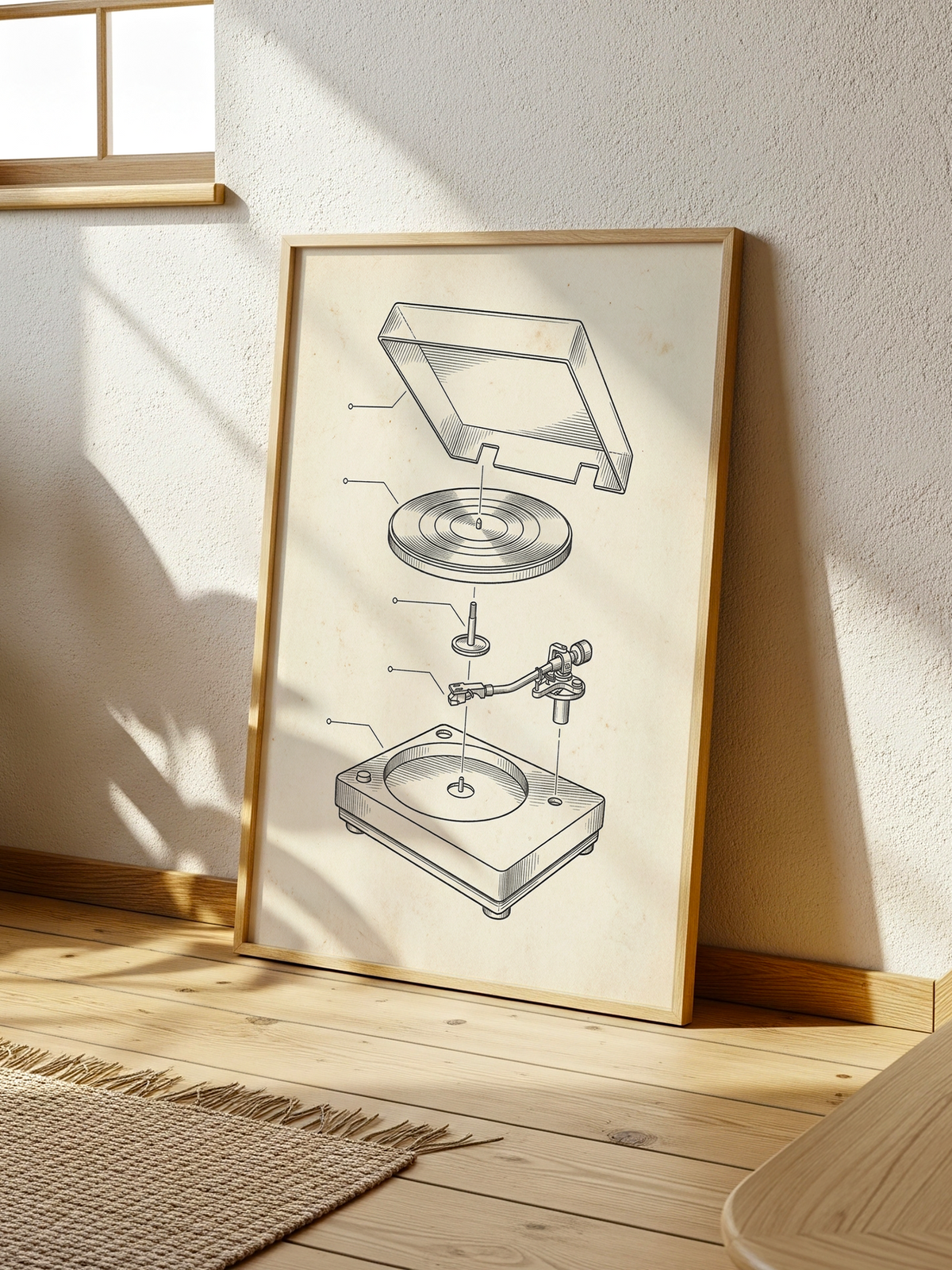 Turntable – vintage patent-style exploded drawing of a record player in fine ink on aged cream paper