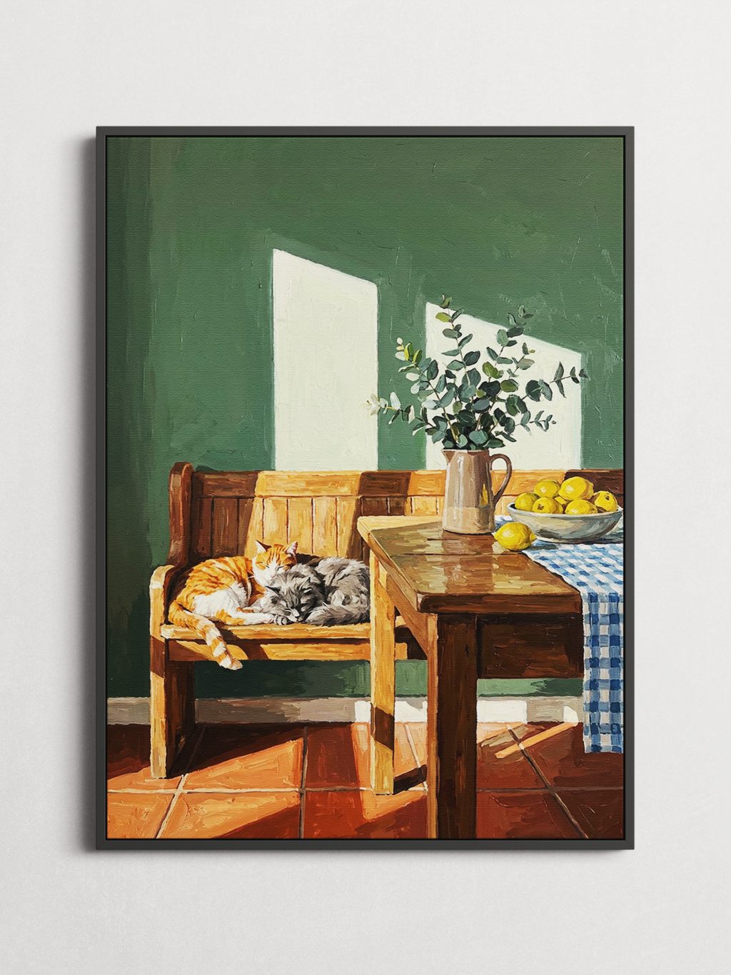 Two Cats in the Kitchen – Cozy Interior Poster – framed on a wall