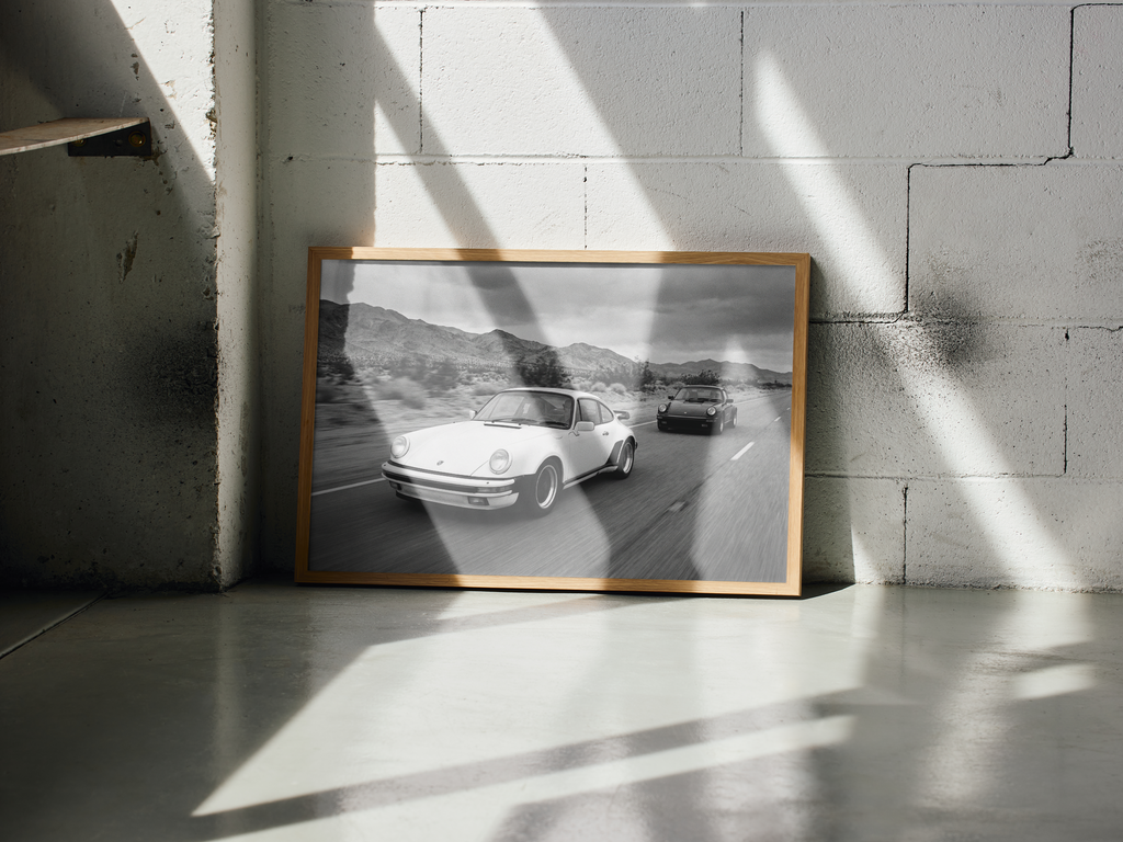 Two Porsche 911 – Black & White Racing Poster – interior view
